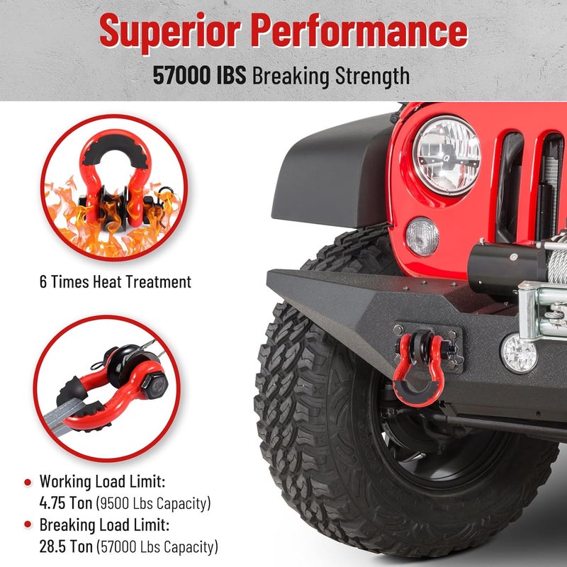 Pilida 3/4" D Ring Shackle with Upgraded Snatch Blocks,57,000 lbs(28.5 Ton) Maximum Break Strength Heavy Duty Shackles with 7/8" Screw Pin for Tow Strap Winch Off Road Vehicle Recovery,2pack Red - Image 5